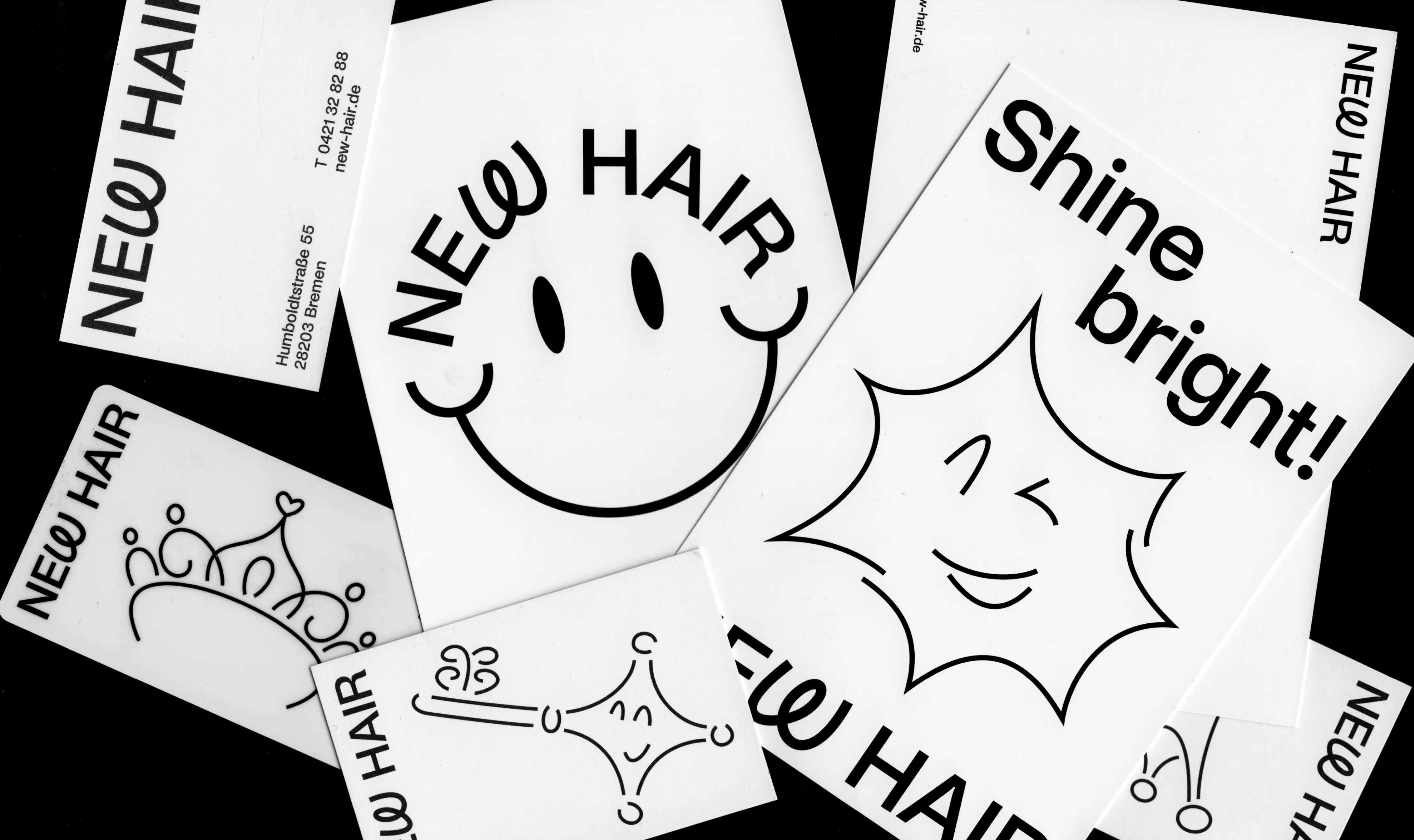 Verschiedene Print Produkte für die Geschäftsausstattung, lustige line-art illustrationen aus weiß mit klarer Typografie