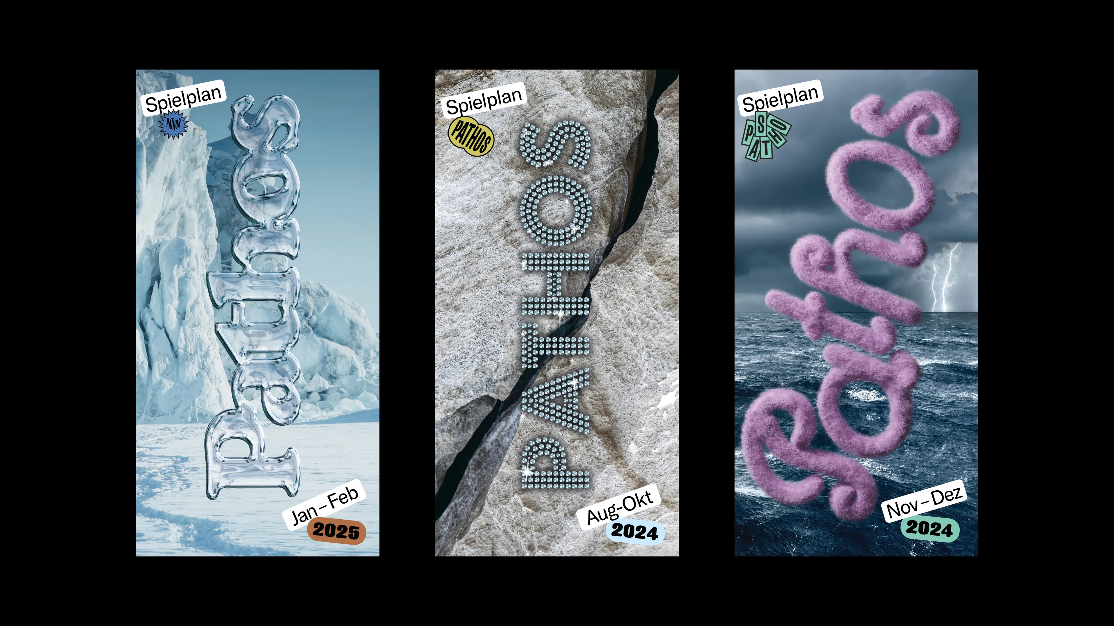 Scans der Flyervorderseiten der Pathos-Programme von November-Dezember 2024, Januar-Februar 2025 und August–Oktober 2024