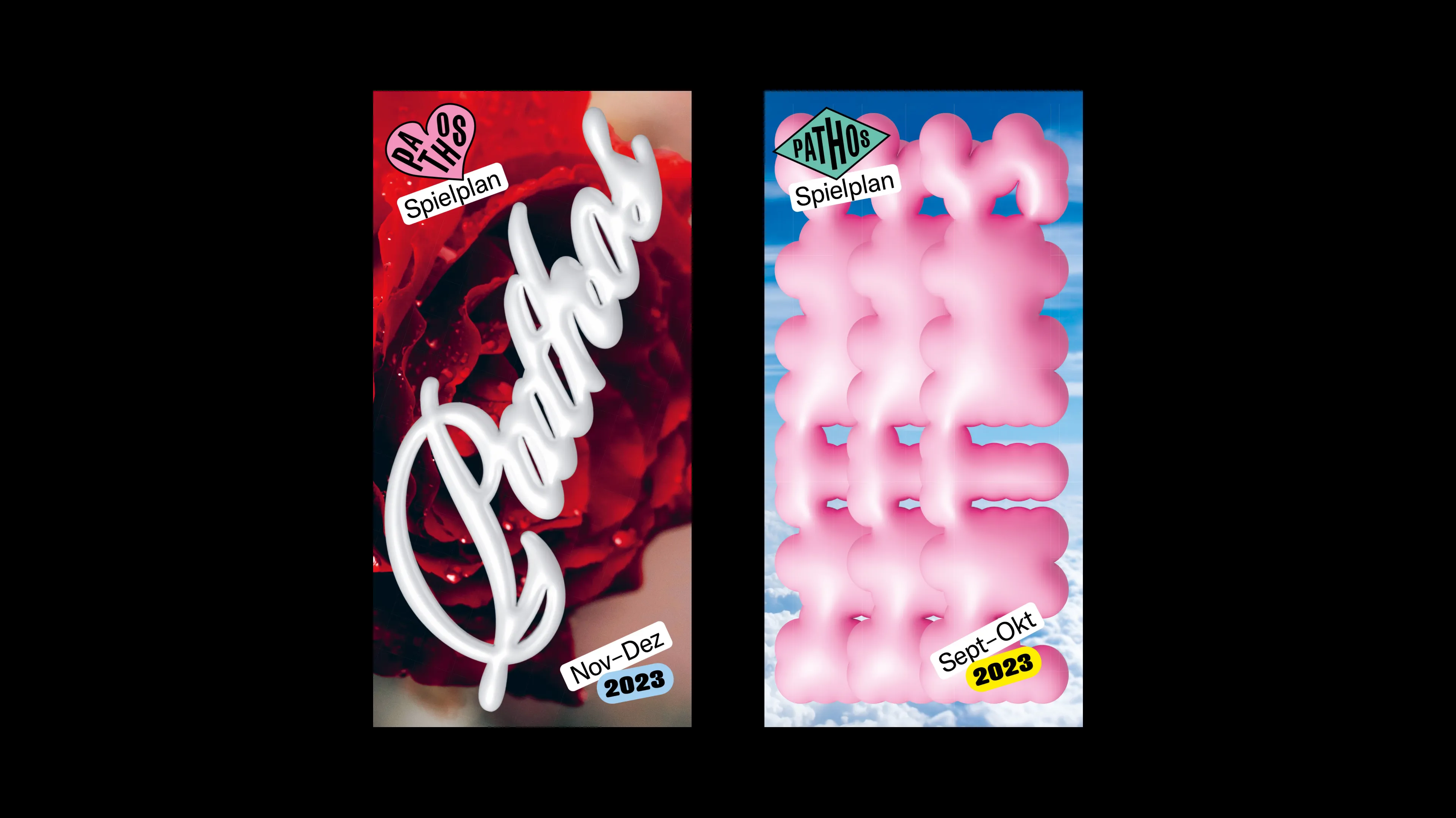 Scans der Flyervorderseiten der Pathos-Programme von November-Dezember 2023 und September–Oktober 2023
