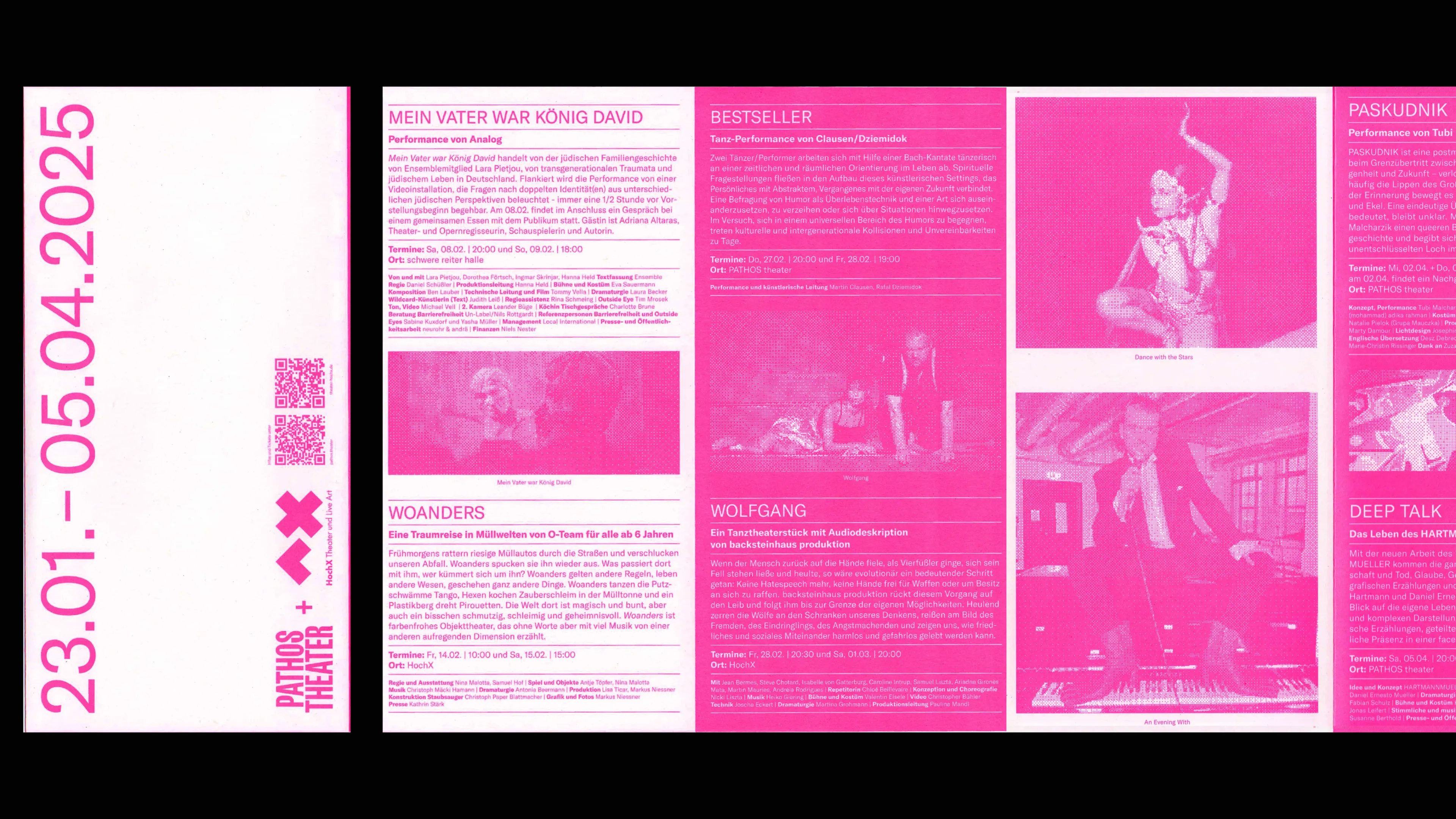 pinke Programmflyer für Theater- und Performance Festival "Split+Merge" 2025 in München auf schwarzem Hinterrgund