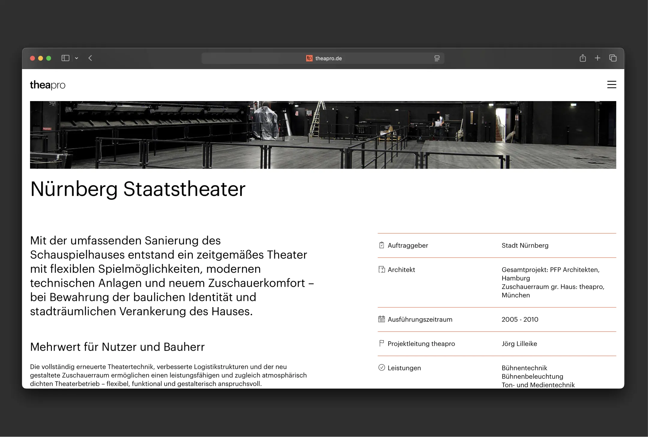 Redesign Website theapro, Projektdetailseite